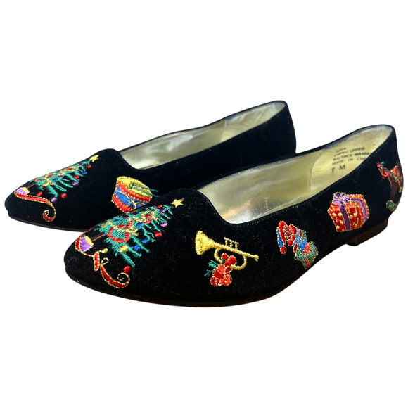 Vtg DONNA LAWRENCE Toya Women 7M Black Velvet Christmas Slip On Shoes XMAS Flats - Picture 3 of 16
